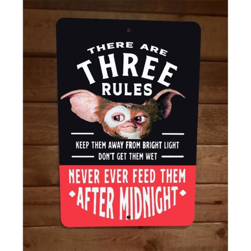 3 Gremlins Rules Bright Light No Water Never Feed After Midnight 8x12 Wall Sign